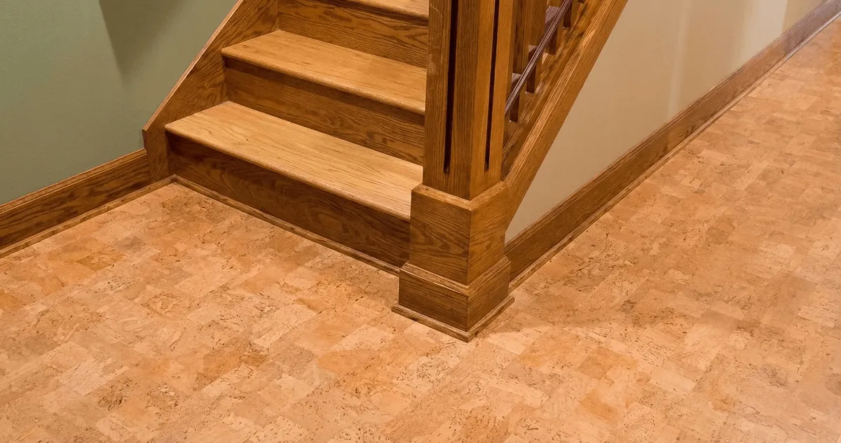 End of a staircase with cork flooring in Des Moines, IA