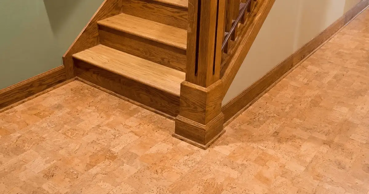 End of a staircase with cork flooring in Des Moines, IA