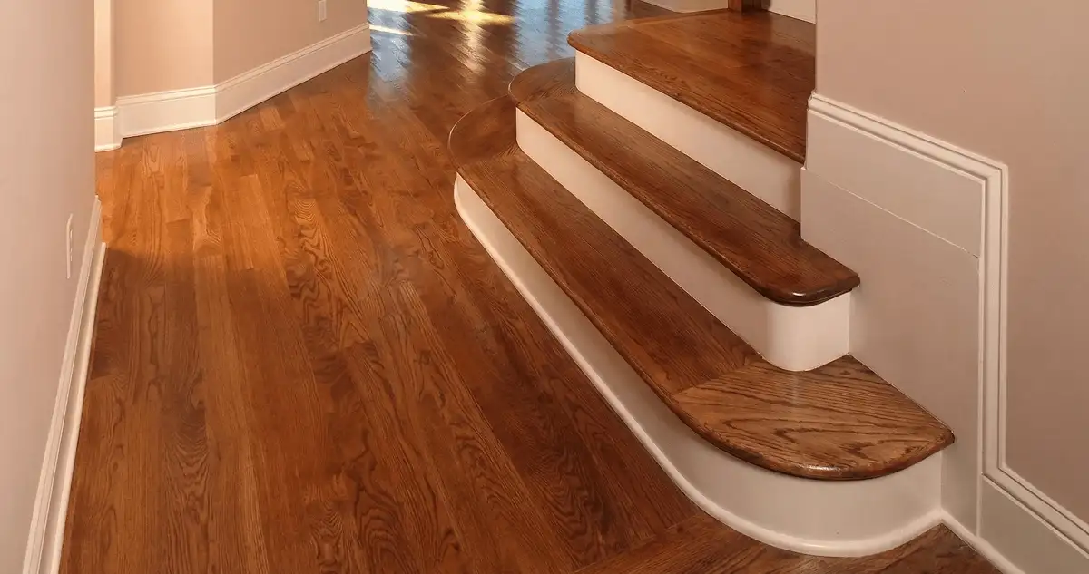 Base floor of a staircase with professionally restored wood flooring in Des Moines IA