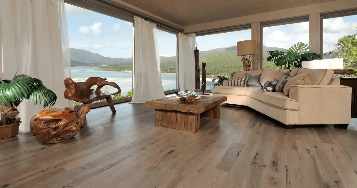 Professionally installed vinyl flooring in a modern living room with large windows in Des Moines, IA